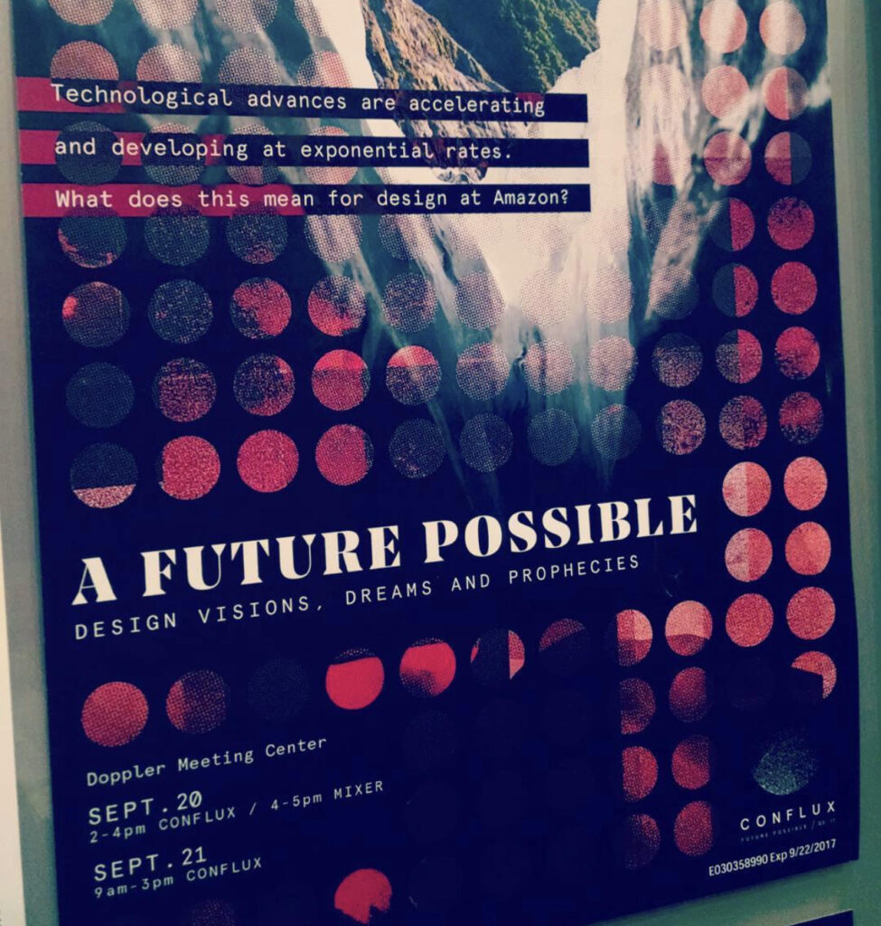 A photograph of a black poster with red dots overlaid by white layers and black and white text reading, a future possible, design vision, dreams and prophecies. 